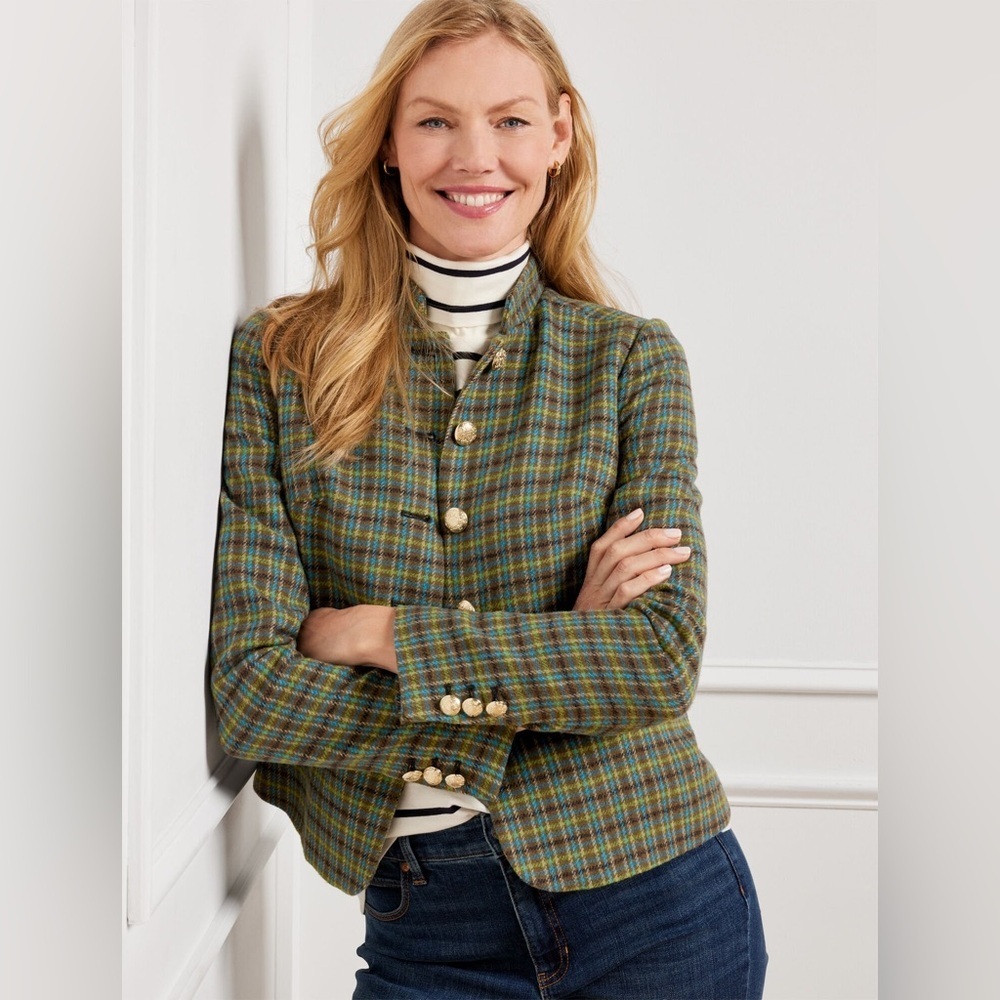 NWT Talbots SHETLAND OFFICER JACKET - APPLE PLAID 6P military wool fall green